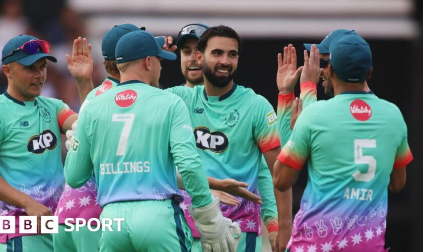 Oval Invincibles bowler Saqib Mahmood celebrates taking a wicket with his team-mates