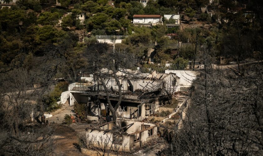 Vue aérienne de plusieurs maisons calcinées par de violents incendies à Pantelil, dans la banlieue nord-est d'Athènes (Grêce), le 13 août 2024