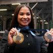 Jordan Chiles shows off her gold and bronze medals in New York. Pic: AP