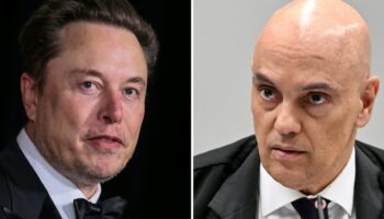 A gauche, le propriétaire du réseau social X Elon Musk le 13 avril 2024 à Los Angeles et, à droite, le juge à la Cour suprême brésilienne Alexandre de Moraes, le 18 juin 2024 à Brasilia