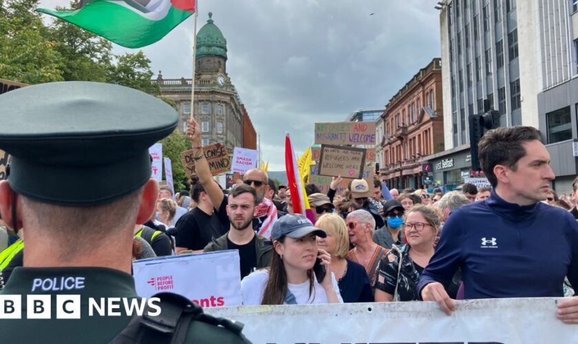 Anti-racism protesters rally at Belfast City Hall