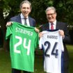 Sir Keir Starmer and Irish Taoiseach Simon Harris exchange football shirts in Dublin on Saturday. Pic: PA