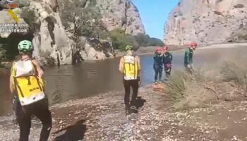 Helicopter search and rescue team at the gorge during search efforts of Britons missing in Mallorca / Majorca canyon where they were hiking, in Torrent de Pareis. Still from video on September 5, 2024 from Guardia Civil