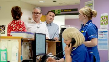 Keir Starmer and Wes Streeting, meet nursing staff and Labour's candidate for the East Midlands Mayor and current chair of the Sherwood Forest Hospitals NHS Trust, Claire Ward (left), during a visit to Kings Mill Hospital Sutton-in-Ashfield, in the East Midlands, as they unveil Labour's plans to digitise the 'red book' of children's health records. Picture date: Monday April 8, 2024. PA Photo. See PA story POLITICS Labour. Photo credit should read: Jacob King/PA Wire