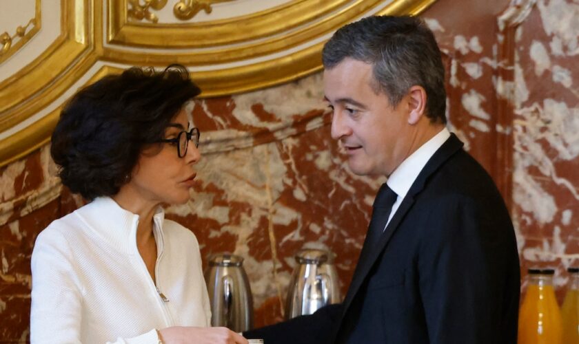 La ministre démissionnaire de la Culture Rachida Dati et celui de l'Intérieur Gérald Darmanin, ici en avril 2024.