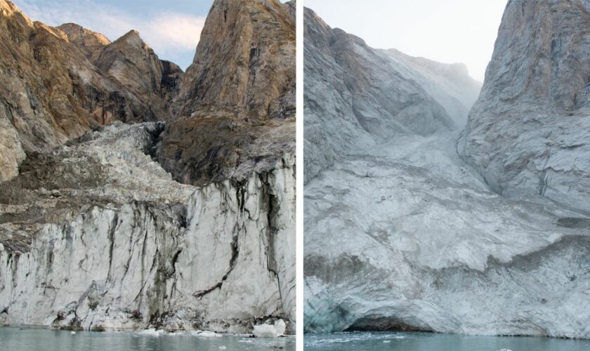 Mountain peak above Dickson Fjord before (left) and after the landslide. Pic: PA