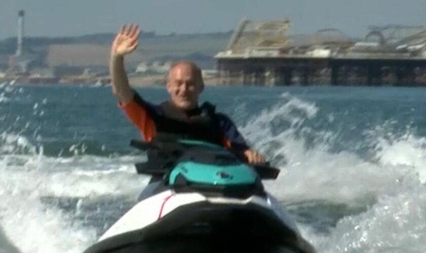 Sir Ed Davey arrived at the Lib Dem conference in Brighton on a jet ski. Pic: PA