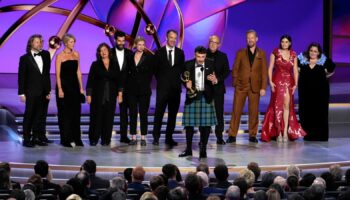 Richard Gadd, center, and the team from "Baby Reindeer" accept the award for outstanding limited or anthology series during the 76th Primetime Emmy Awards on Sunday, Sept. 15, 2024, at the Peacock Theater in Los Angeles.(AP Photo/Chris Pizzello)