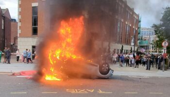 A car burns during anti-immigration demonstrations in Sunderland, Britain August 2, 2024 in this still image obtained from a social media video. TikTok @whatsthecracklike/via REUTERS THIS IMAGE HAS BEEN SUPPLIED BY A THIRD PARTY. MANDATORY CREDIT. NO RESALES. NO ARCHIVES.