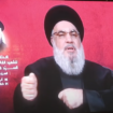 Hassan Nasrallah speaking to the rallygoers