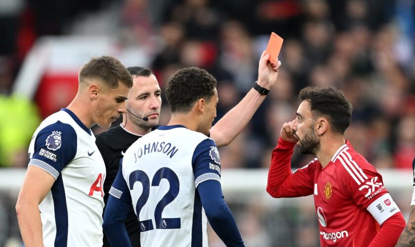 Why was Bruno Fernandes sent off against Tottenham?