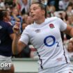 Jess Breach celebrates after scoring a try against France