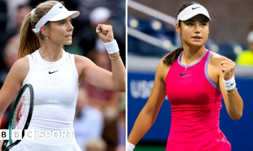 Katie Boulter and Emma Raducanu hold up their fist in celebration