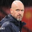 Manchester United manager Erik ten Hag stands on the touchline in the rain at Old Trafford