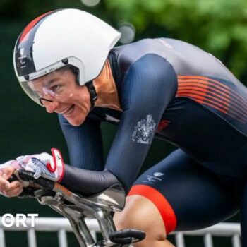 Sarah Storey riding in the Women's C5 Individual Road Cycling Time Trial at the 2024 Paralympic Games