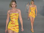 Gigi Hadid is shipping fashion to new heights as she sports mini dress made from DHL parcel tape for Vetements catwalk during Paris Fashion Week