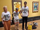 Gogh their heads! Just Stop Oil protest against fellow activists being jailed for hurling soup on Vincent Van Gogh's Sunflowers... by throwing soup on his masterpiece in gallery AGAIN