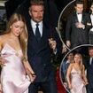 Harper Beckham, 13, follows in her mum's stylish footsteps in a pink satin gown while Brooklyn twins with wife Nicola as they join dad David, brother Cruz and his girlfriend Jackie Apostel at Victoria's Paris show