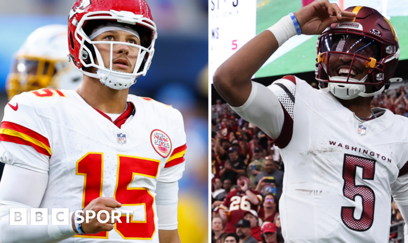 Kansas City Chiefs quarterback Patrick Mahomes and Washington Commanders quarterback Jayden Daniels (R)