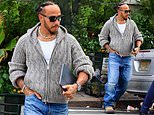 Lewis Hamilton ditches his snazzy Formula One looks for a low-key grey cardigan and jeans while heading out to lunch in New York City