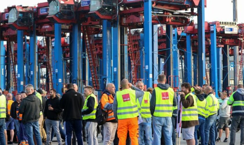 Ein Warnstreik im Hamburger Hafen. Foto: Bodo Marks/dpa