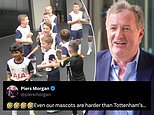 Moment Arsenal mascot shoves and taunts Tottenham counterparts ahead of north London derby as Piers Morgan jokes: 'Even our mascots are harder!'