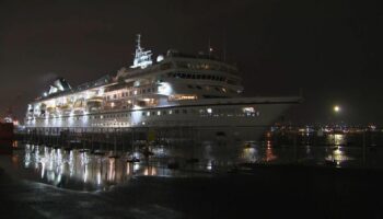 The Villa Vie Odyssey finally leaving Belfast