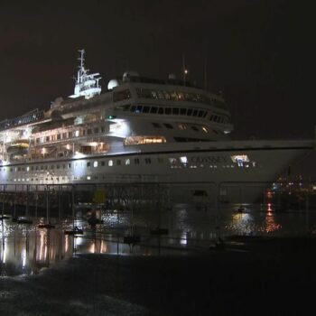 The Villa Vie Odyssey finally leaving Belfast