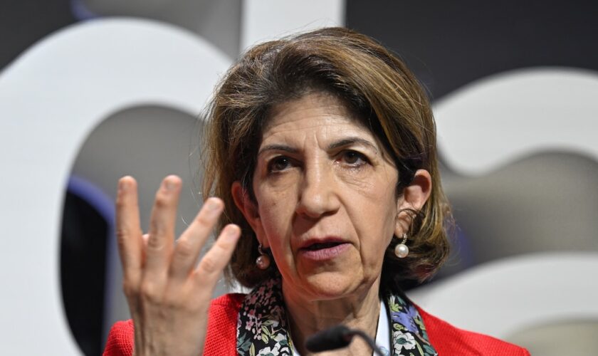 La directrice générale du CERN, Fabiola Gianotti, s'exprime lors du lancement d'un institut quantique ouvert (OQI) au CERN (Organisation européenne pour la recherche nucléaire) à Meyrin, près de Genève, le 13 octobre 2023.