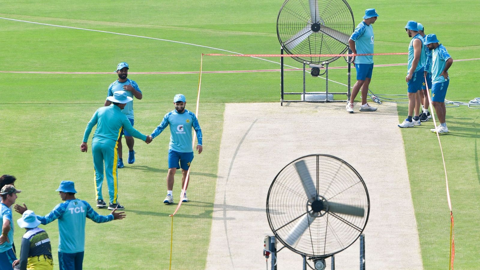 Pakistan's cricketers practice ahead of the third Test in Rawalpindi. Pic: Rex