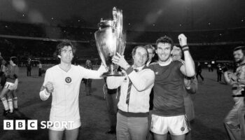 Tony Barton, with captain Dennis Mortimer and matchwinner Peter Withe, celebrate with the European Cup