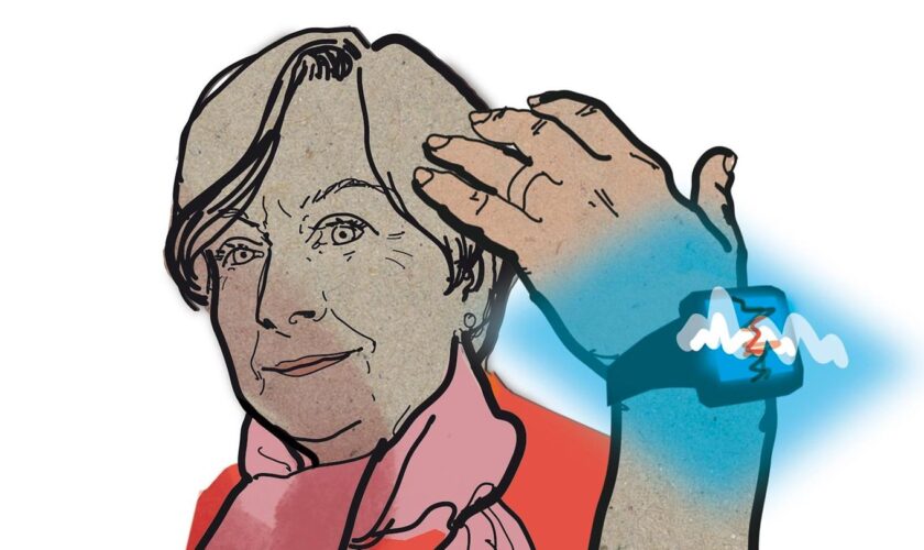 Illustration einer älteren Frau mit einer Smartwatch am Handgelenk