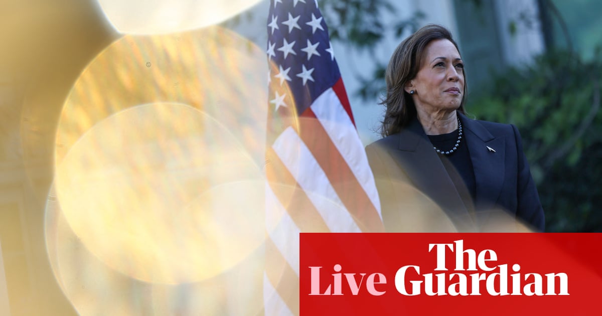 Harris takes narrow lead over Trump in New York Times poll as intense media campaign continues – US politics live