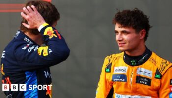 McLaren's Lando Norris talking to Max Verstappen after qualifying for the United States Grand Prix