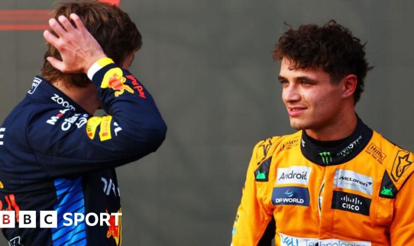 McLaren's Lando Norris talking to Max Verstappen after qualifying for the United States Grand Prix