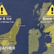 Met Office yellow warnings for snow and Ice illustrated over a map of the UK