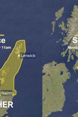 Met Office yellow warnings for snow and Ice illustrated over a map of the UK