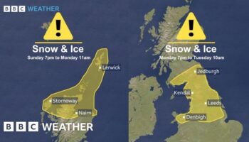 Met Office yellow warnings for snow and Ice illustrated over a map of the UK