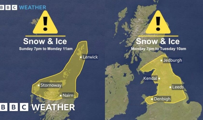 Met Office yellow warnings for snow and Ice illustrated over a map of the UK