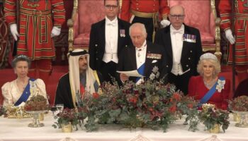 King hosts Emir of Qatar at state banquet – with Beckhams among the famous faces in attendance