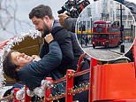 Kit Harington STRANGLES Mark Wahlberg in new role as knife-wielding maniac as they shut down London’s historic Whitehall for action packed bus-top brawl while filming The Family Plan 2